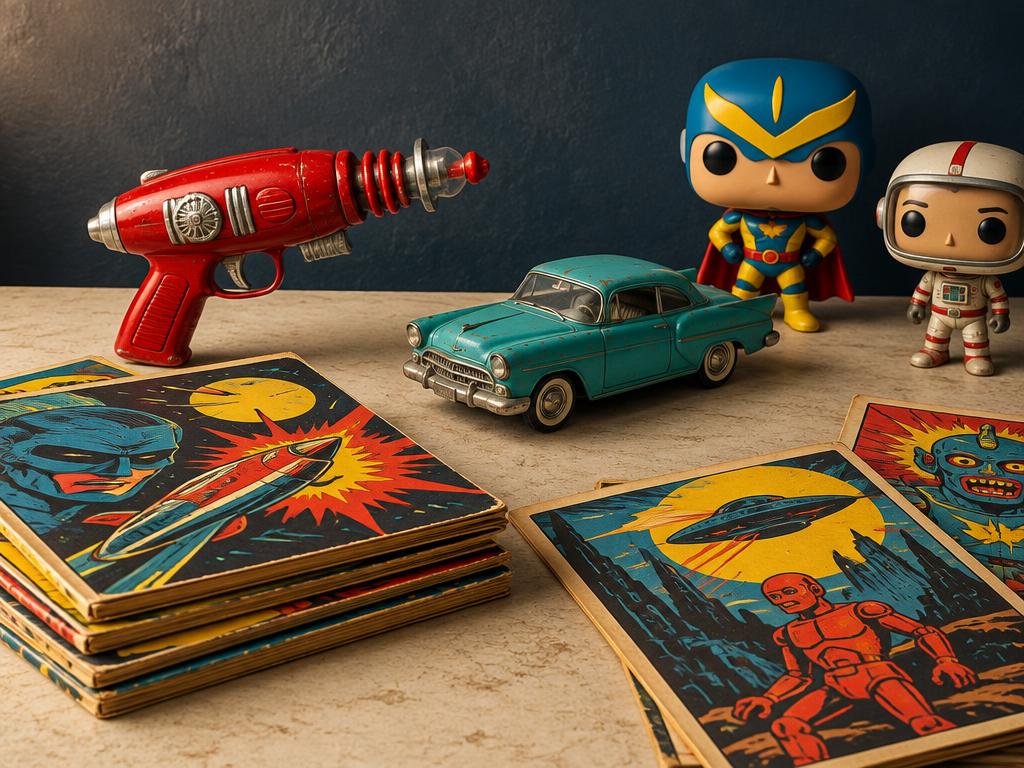 Comic books, collectible figures, a toy car and a vintage ray gun