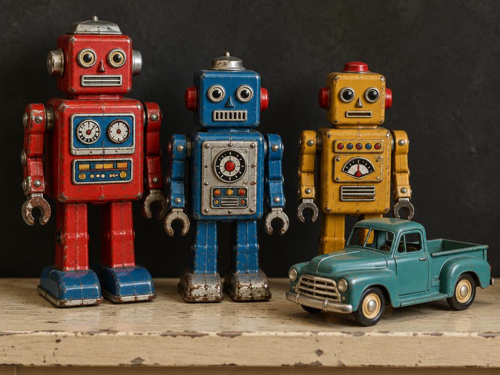 Vintage red, blue and gold tin robots with a toy pickup truck